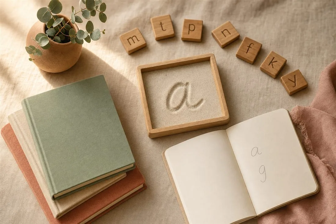 Wooden alphabet tiles, a sand tray with a traced letter a, and a stack of small readers on warm linen