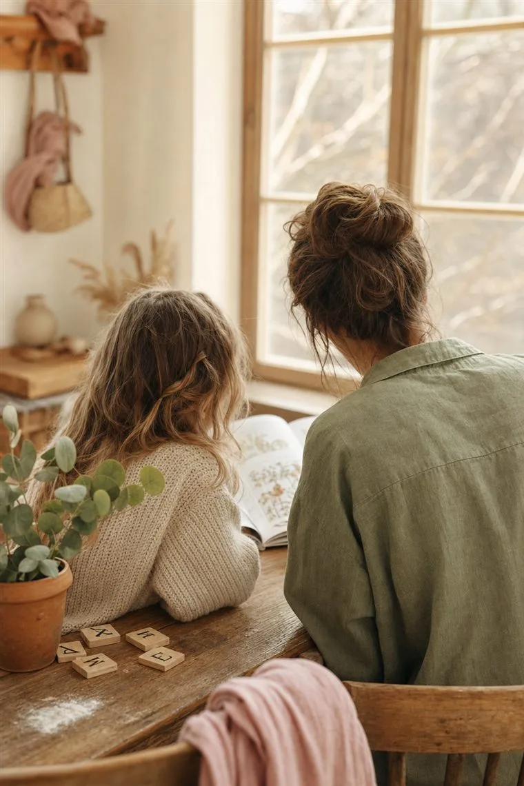 A child and a grown-up seen from behind, reading a book together at a wooden table by a window